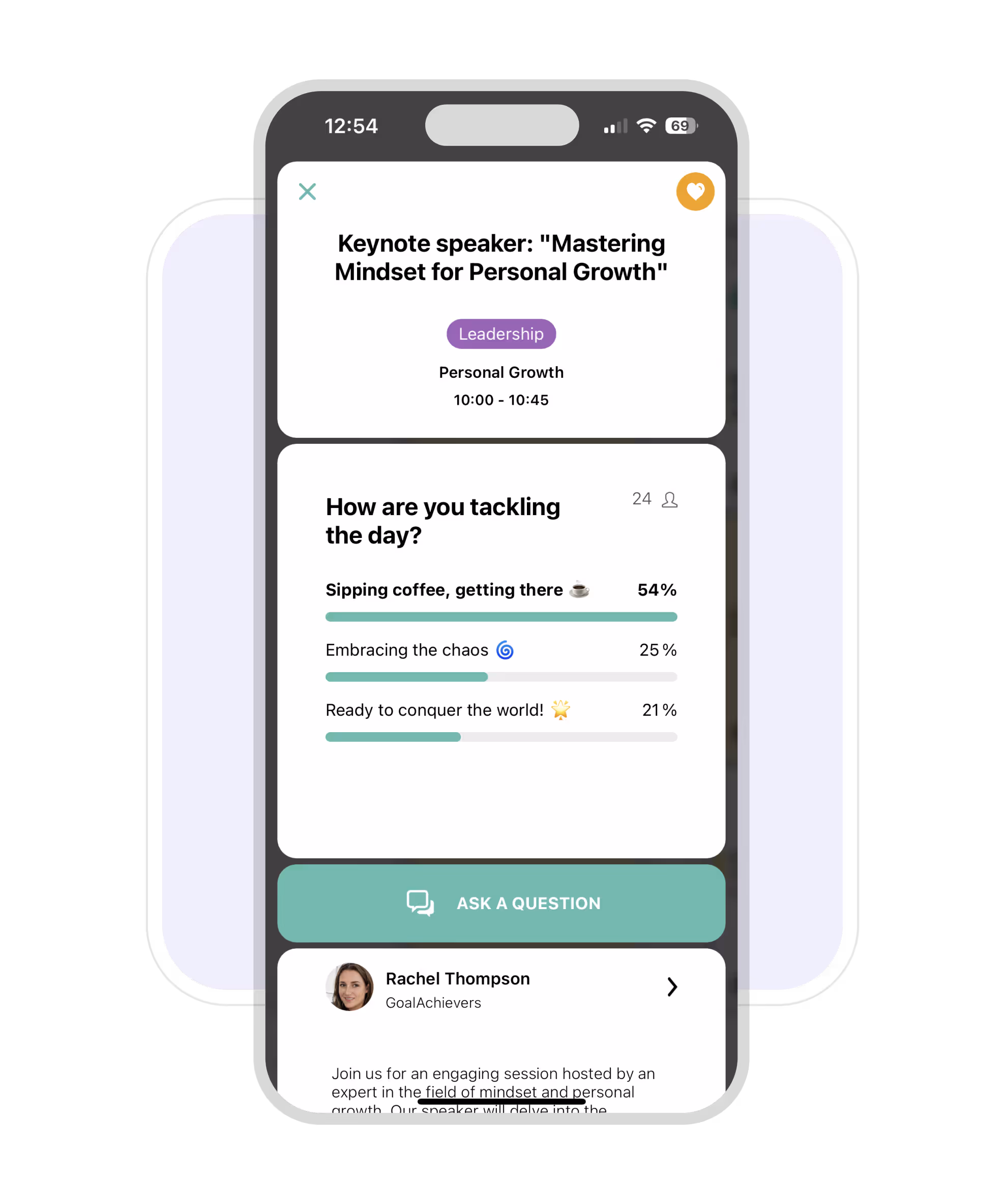 Screenshot of the Eventee mobile event app that shows the gamification leaderboard with attendee ranking based on the points they earned for using the app. There is a winner podium with three stands on top to highlight the best players.